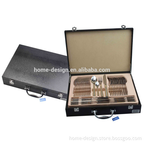 Dubai Black wooden case packing gold plated stainless steel cutlery set 72pcs